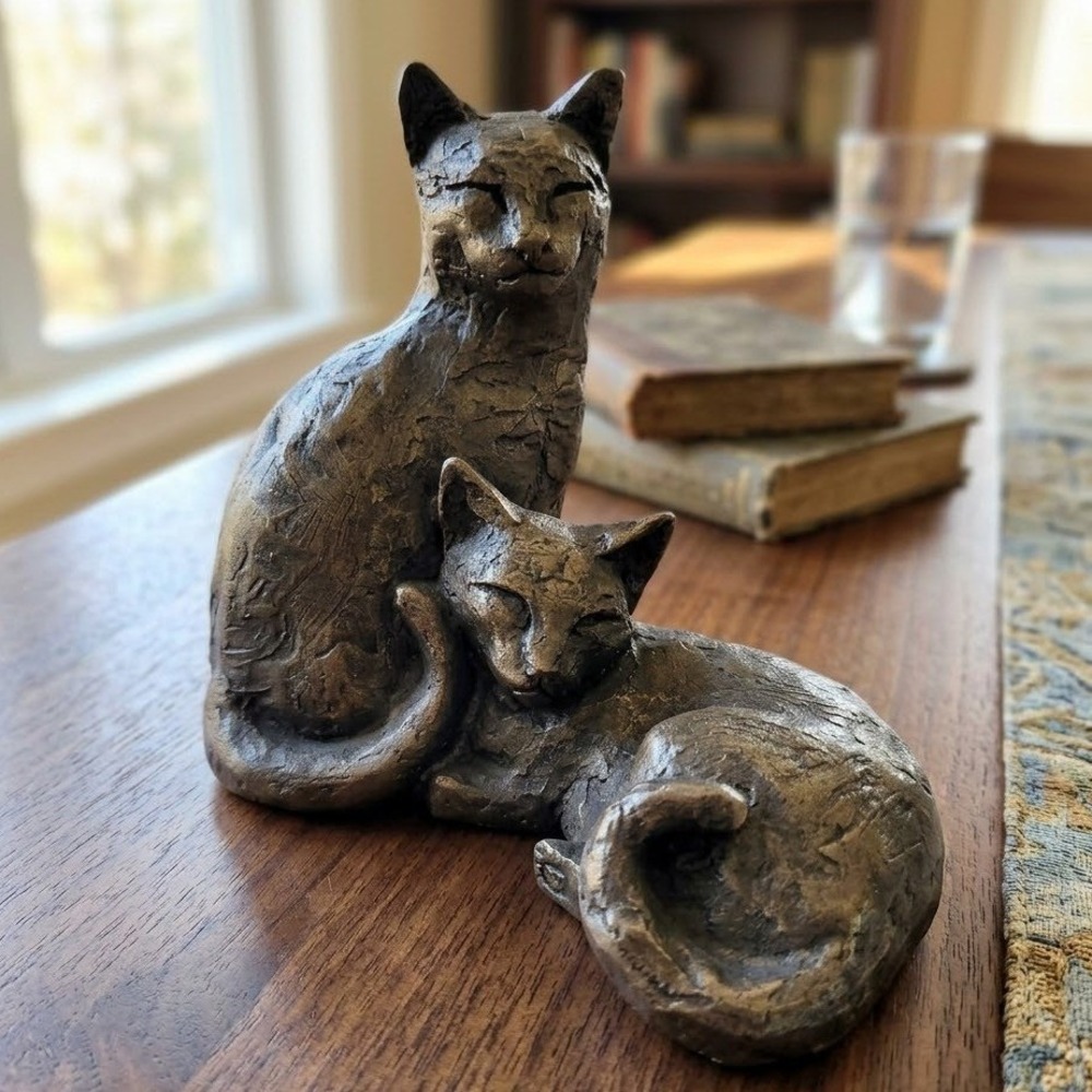 Frith Sculpture Toby and Poppy Cat Figurine Cold Cast Bronze Cottagecore